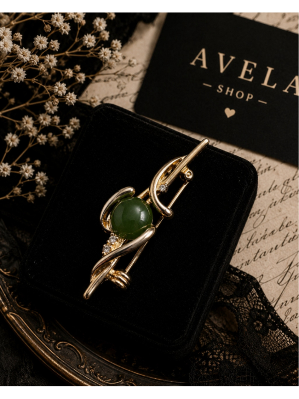 Vintage Green Cabochon Gold-Tone Brooch
